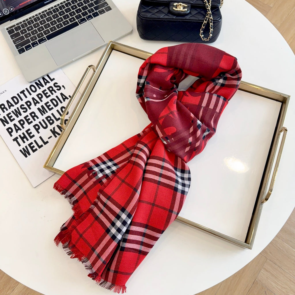 Reversible Equestrian Plaid Scarf – 70% Wool & 30% Silk, Double-Sided Contrast Design, 200 × 65 cm
