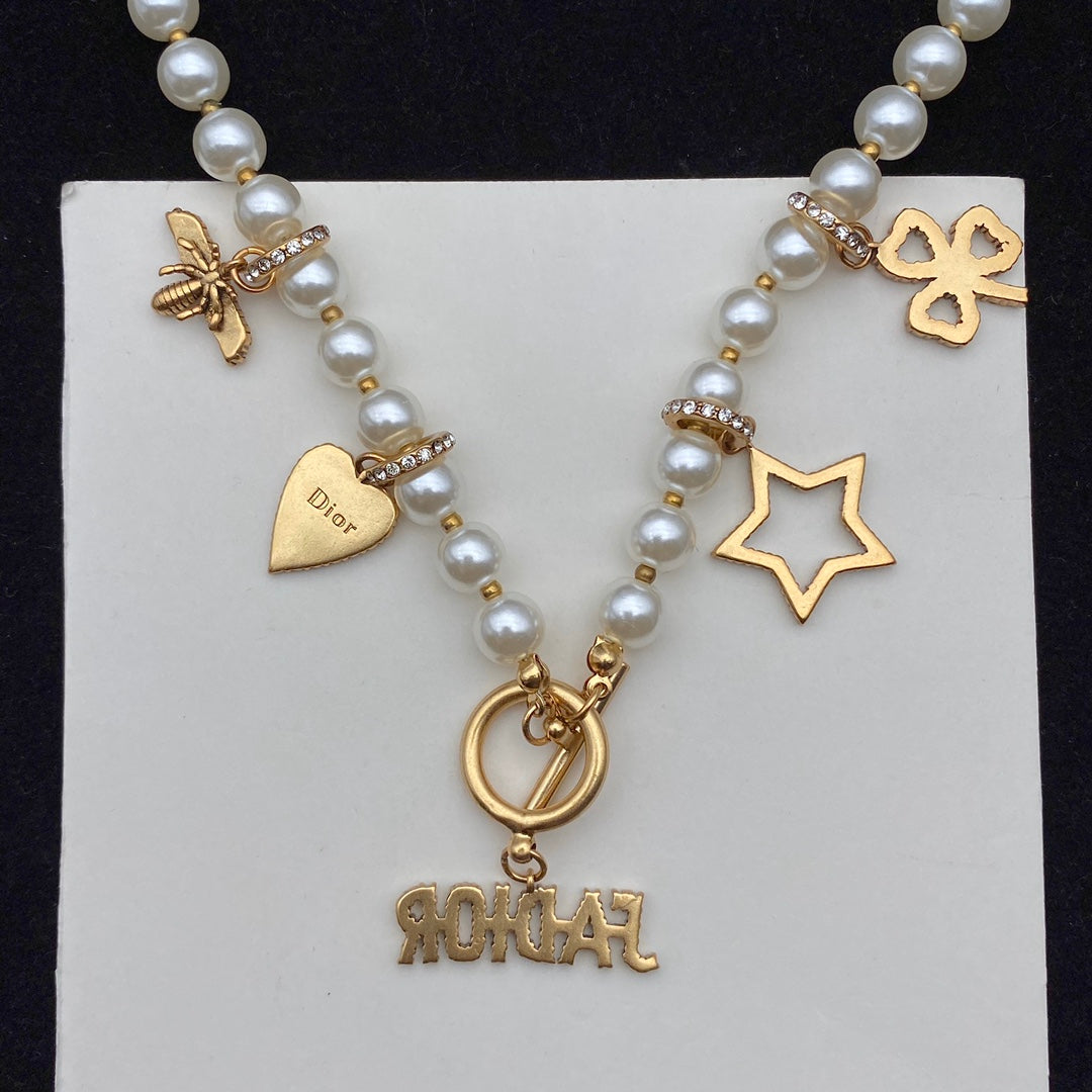 Temperament Diamond Pendant Pearl Necklace