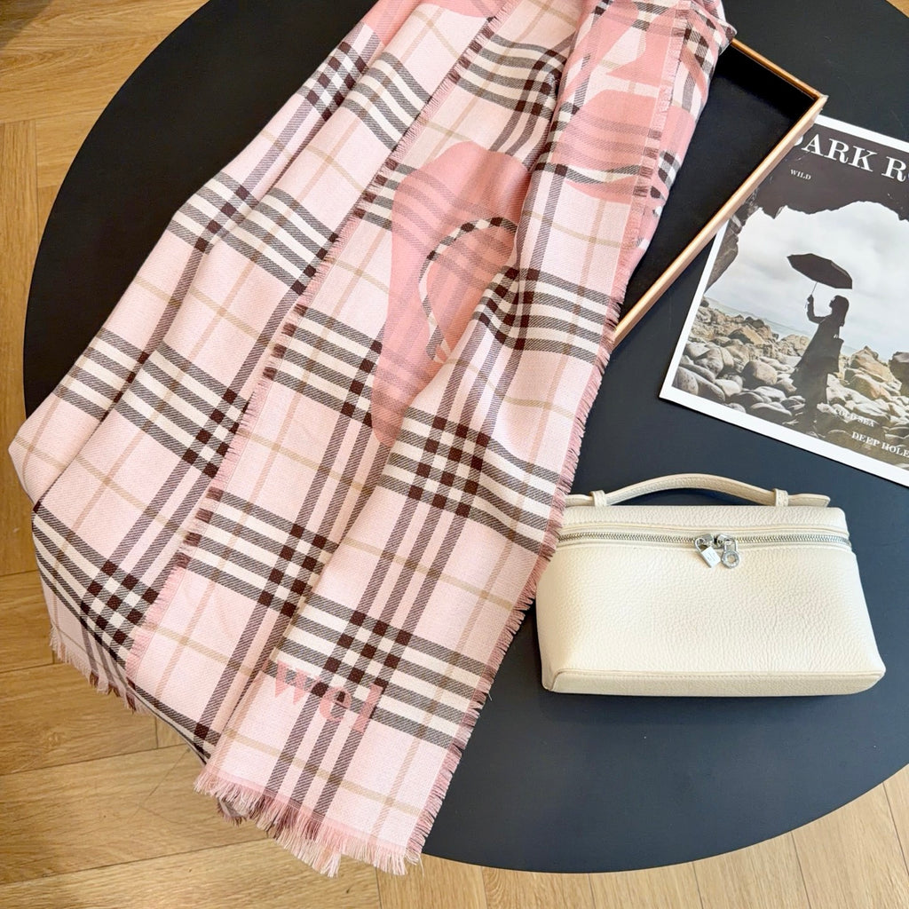 Reversible Equestrian Plaid Scarf – 70% Wool & 30% Silk, Double-Sided Contrast Design, 200 × 65 cm