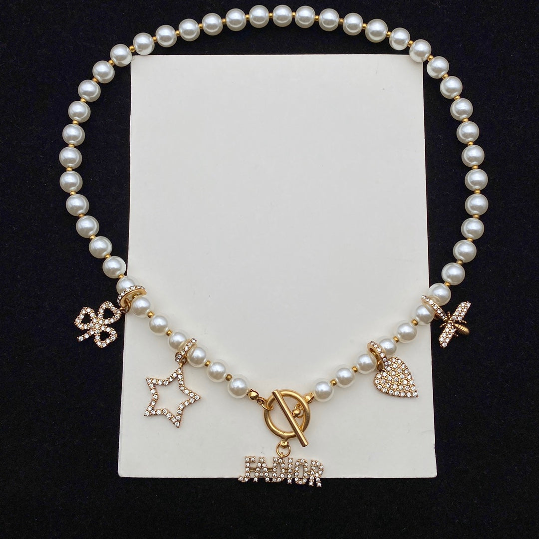 Temperament Diamond Pendant Pearl Necklace