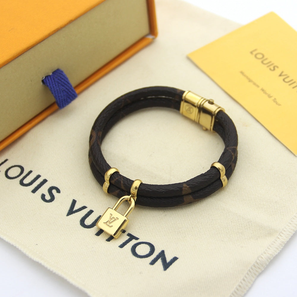 Double Leather Monogram Lock Bracelet
