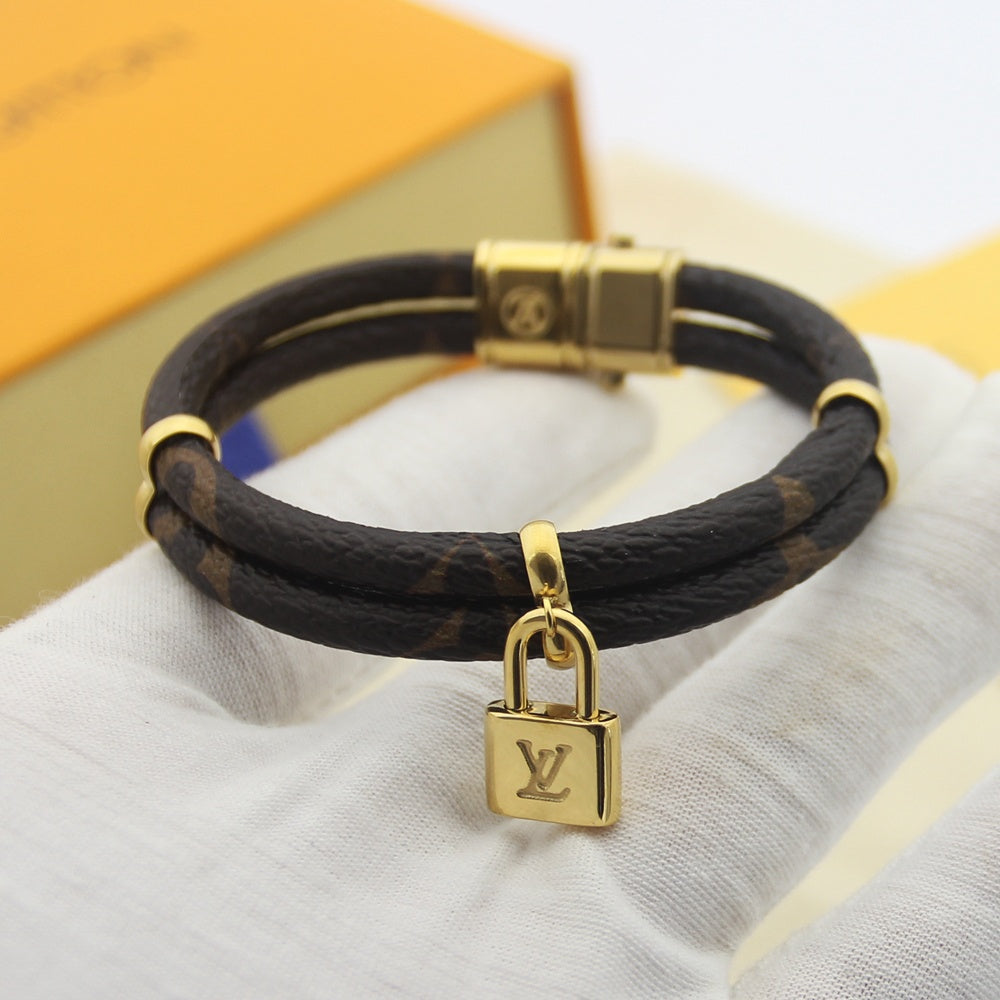 Double Leather Monogram Lock Bracelet